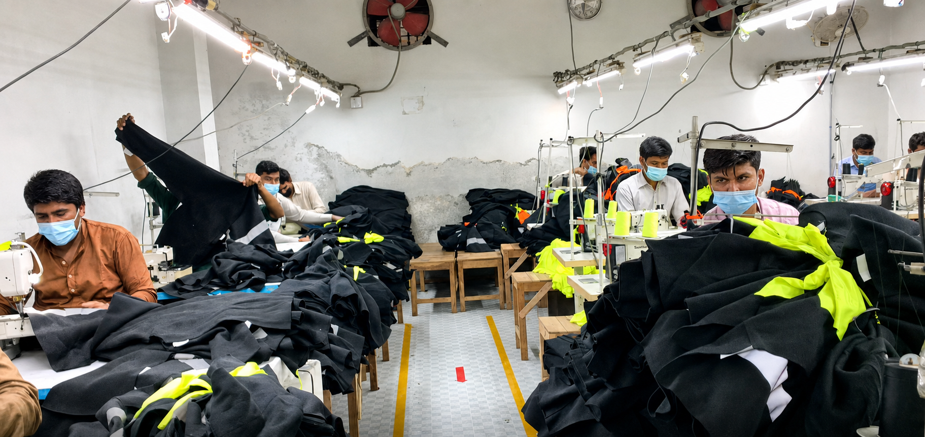 Sew Pro workers sewing hi-vis garments in the Sialkot factory
