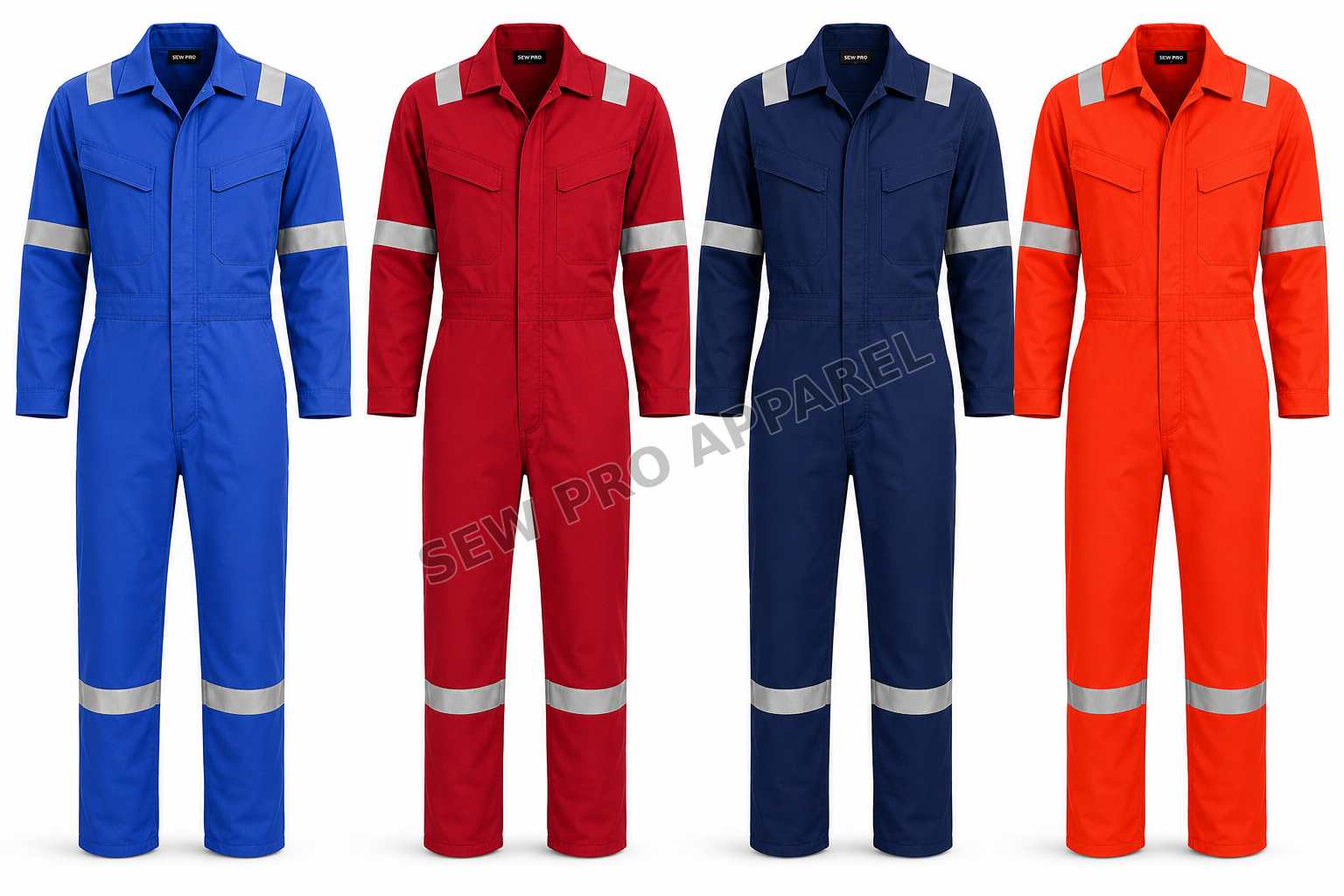 Sew Pro industrial work coveralls with reflective tape in four colours, front view
